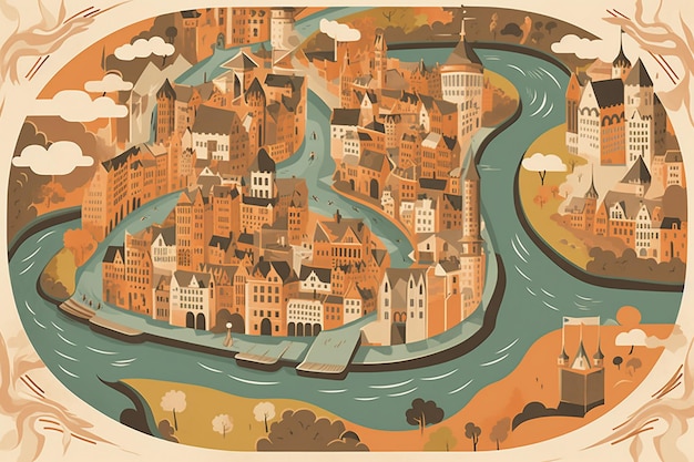 Une illustration d'une ville avec une rivière et un pont au milieu.