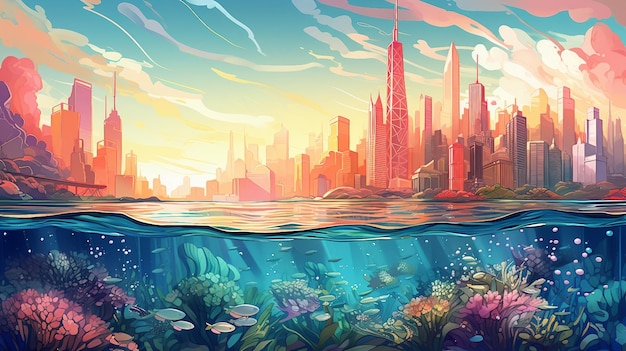 Une illustration d'une ville sous-marine avec un horizon coloré généré par l'IA