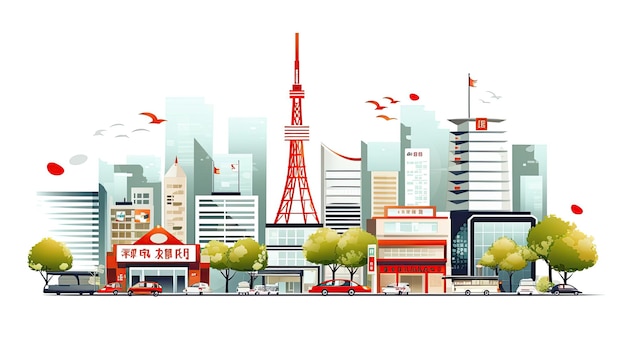 Illustration de la ville Tours et bâtiments dans un style plat moderne sur fond blanc Panneaux japonais Boutique et électronique