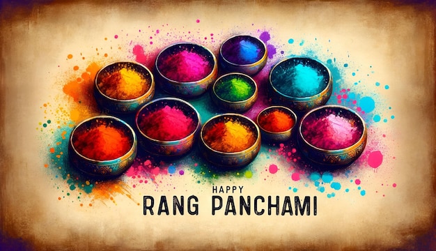 Illustration vintage d'une affiche de rang panchami avec des poudres de couleurs disposées dans des bols