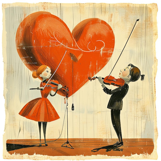 Illustration vintage d'un cœur de la Saint-Valentin dirigeant animément une symphonie d'amour un maestro de dessins animés orchestrant une mélodie harmonieuse d'affection v 6 Job ID f0b178050a254ebda67d9523131a9f60
