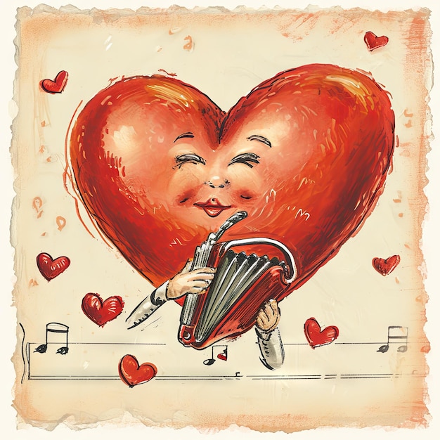 Illustration vintage d'un cœur de la Saint-Valentin jouant effrontément de l'harmonica une mélodie de dessin animé capricieuse remplissant l'air des douces notes de l'amour v 6 Job ID b842a957fde04b8cbdbc6368445cfe63