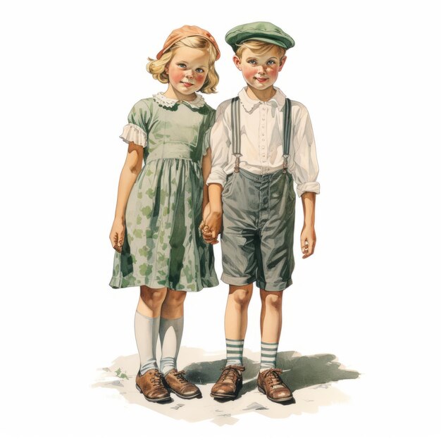 Illustration vintage d'un garçon et d'une fille se tenant par la main