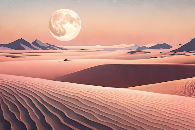 Photo illustration vintage d'un paysage spatial désertique violet brumeux avec une lune géante