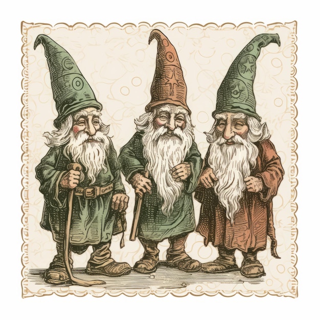 Photo illustration vintage précise et détaillée de trois gnomes à l'ancienne