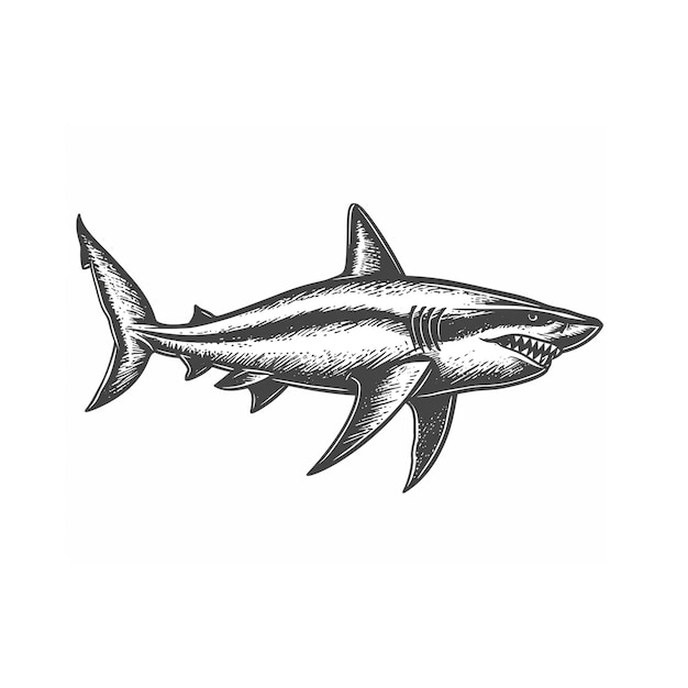 Photo illustration vintage de requin gravé dans le style des lignes noires sur fond blanc
