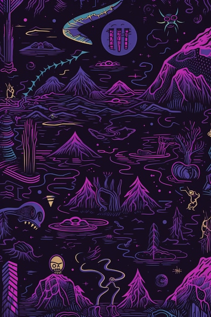 Une illustration violette d'un volcan et de montagnes avec un volcan sur le côté gauche.