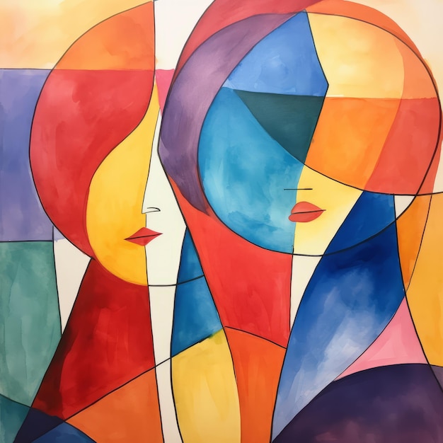 Illustration d'un visage abstrait aux cheveux longs sur fond coloré