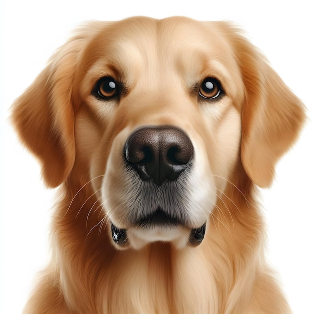 Une illustration d'un visage de golden retriever avec une fourrure détaillée, des yeux bruns expressifs et un n noir