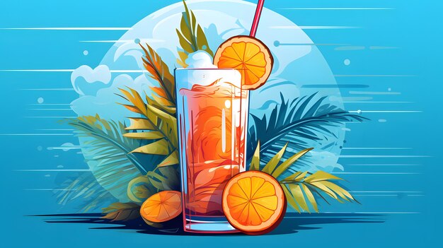 Illustration vivante d'un cocktail tropical avec des fruits et des feuilles de palmier