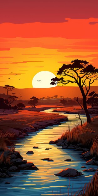Illustration vivante d'un coucher de soleil africain avec une rivière sinueuse en Toscane