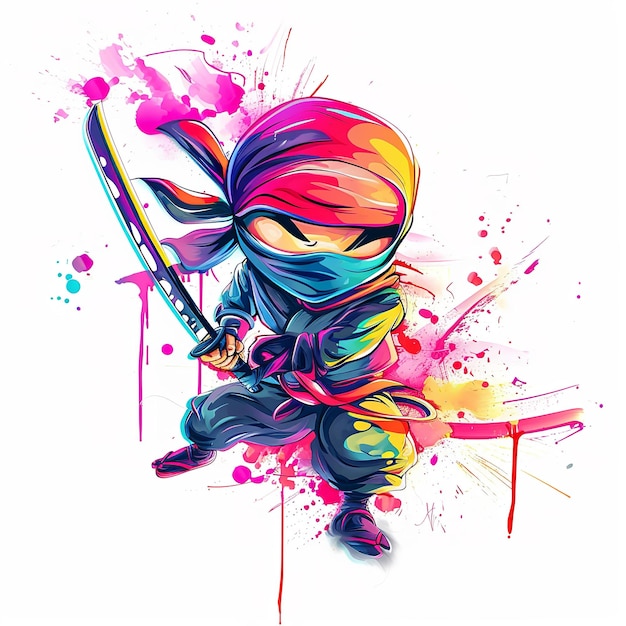 Illustration vivante d'un ninja au milieu d'une explosion de couleurs présentant un mélange d'énergie