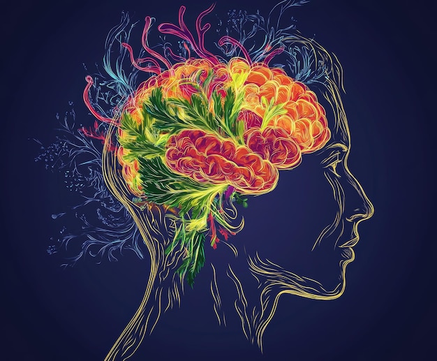 Illustration vivante d'une tête humaine avec un cerveau rempli de plantes symbolisant un esprit sain et la croissance