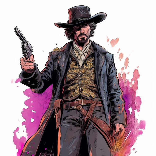 Illustration vive de style bande dessinée d'un cowboy tenant une arme à feu