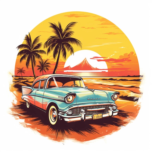 Illustration d'une voiture classique garée sur la plage au coucher du soleil