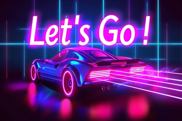 Une illustration d'une voiture avec écrit Lets Go sur elle avec un grand espace pour le texte ou la publicité du produit arrière-plan avec un fond lumineux au néon vibrant IA générative