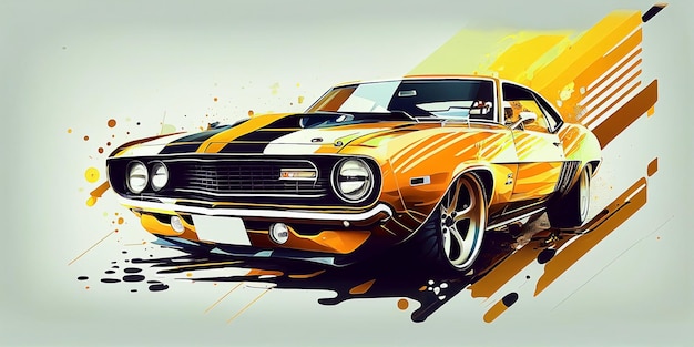 Une illustration d'une voiture de muscle avec de la peinture orange et noire