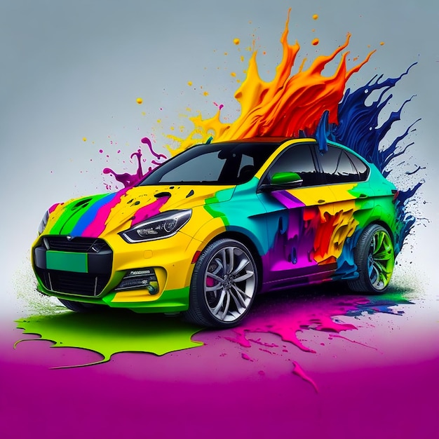 illustration d'une voiture recouverte d'un fond arc-en-ciel de peinture colorée splash généré par l'IA