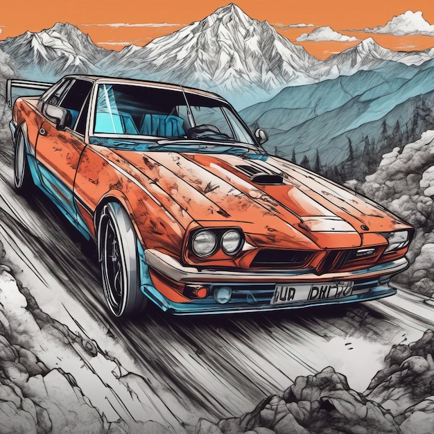 illustration de voiture vintage sur la route