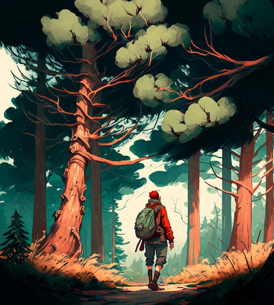 Illustration d'un voyageur marchant dans la forêt