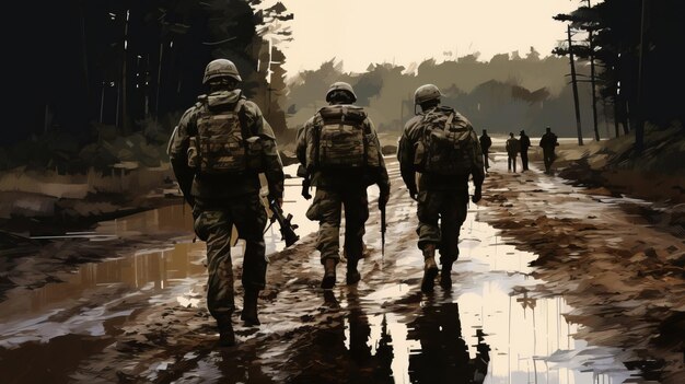 Illustration de la vue arrière du groupe de récolte des soldats génératifs d'IA.