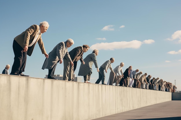 illustration d'une vue latérale horizontale d'un groupe de personnes âgées