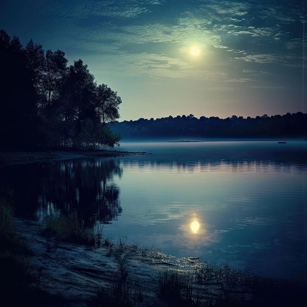 Illustration d'une vue nocturne sur un lac avec une pleine lune