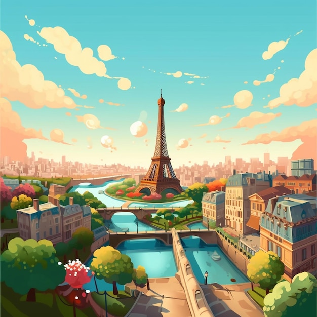 illustration d'une vue d'une ville avec une rivière et une tour générative ai