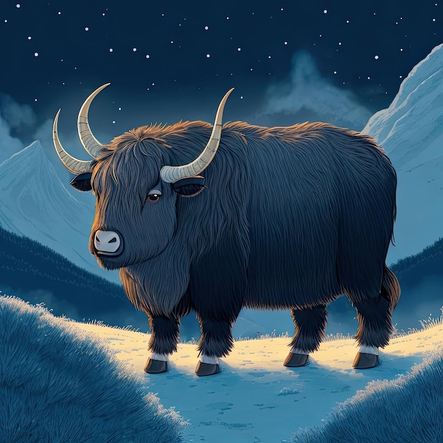 illustration d'un yak noir sur le pré la nuit