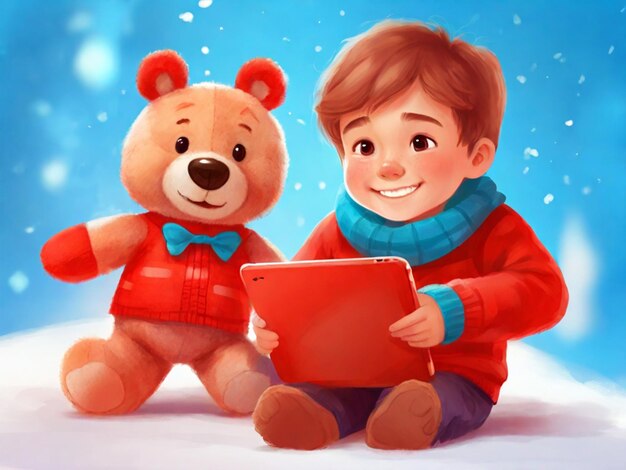 illustrationd'un garçon heureux en pull rouge en utilisant une tablette près d'un ours en peluche contre le flou