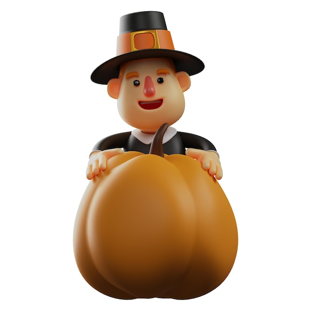 Illustrations 3D Cute Thanksgiving Pilgrim Man Personnage d'illustration 3D avec un sho de citrouille géant