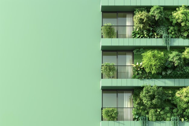 Photo illustrations 3d du jardin sur les balcons d'un immeuble d'appartements