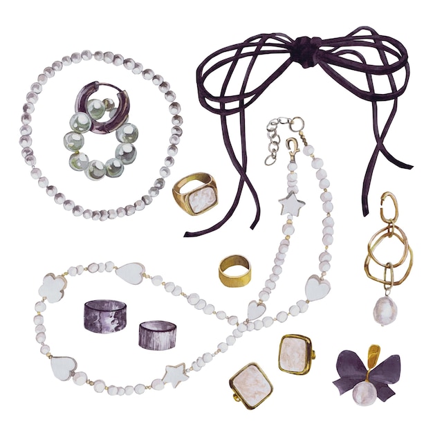 Illustrations à l'aquarelle de beaux accessoires pour femmes dessinées à la main