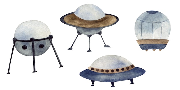 Illustrations à l'aquarelle Navires ufo peints à la main avec thème de l'espace de couleurs marron bleu rouge l'univers