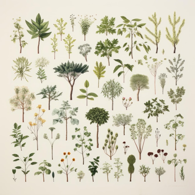 Illustrations botaniques d'arbres et d'arbustes à feuilles caduques du Midwest
