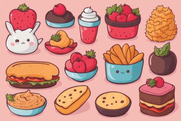 Photo des illustrations délicieuses dessinées à la main de kawaii des plats délicieux et délicieux