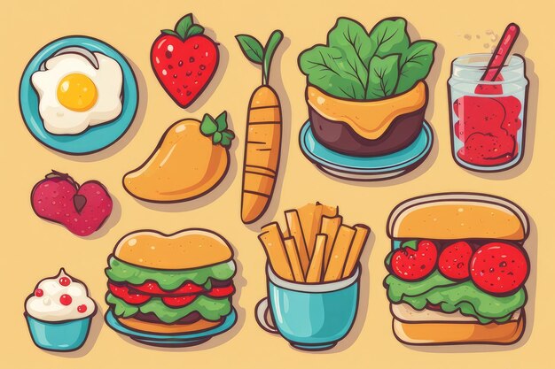 Des illustrations délicieuses dessinées à la main de Kawaii Des plats délicieux et délicieux