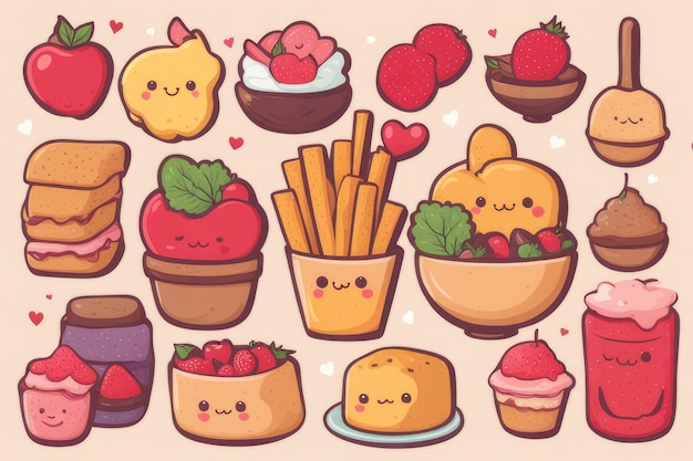 Des illustrations délicieuses dessinées à la main de Kawaii Des plats délicieux et délicieux