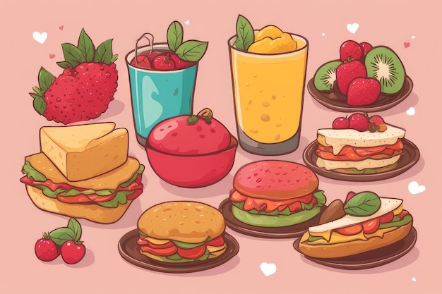 Photo des illustrations délicieuses dessinées à la main de kawaii des plats délicieux et délicieux