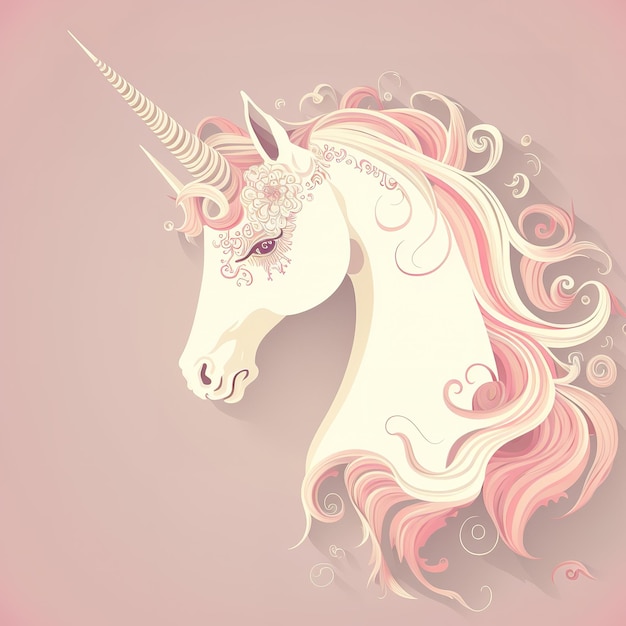 Photo illustrations de dessin numérique d'une licorne dans un rose plat et mignon coloré avec des cheveux tourbillonnants