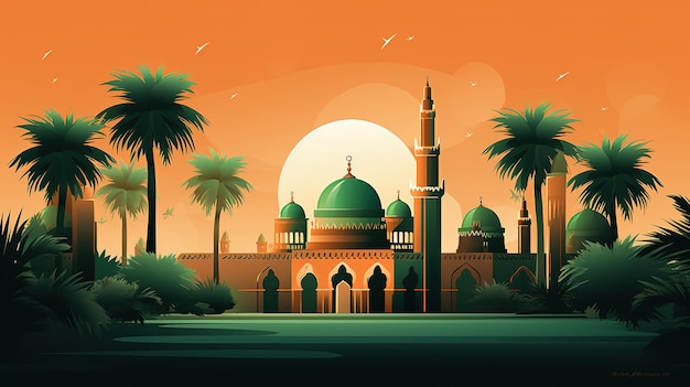 Illustrations de dessins animés 3D de mosquées et de lanternes produites pour le festival sacréAI généré