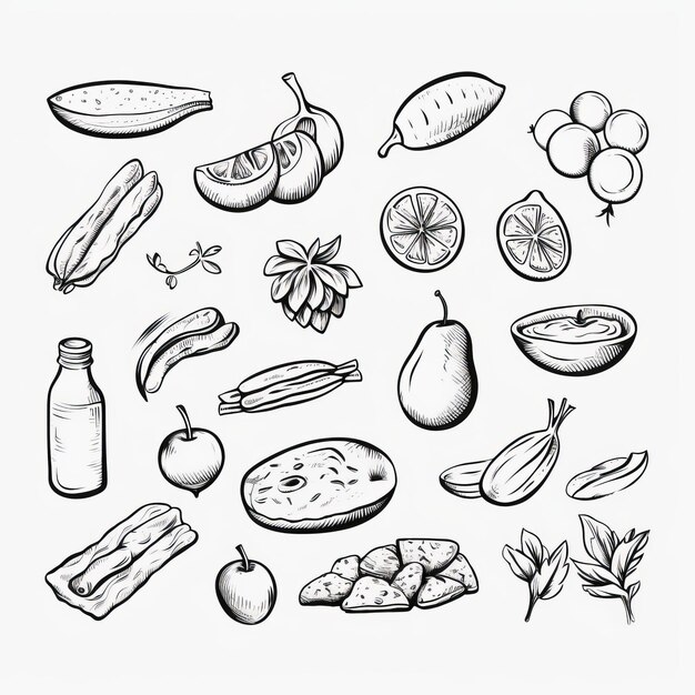 Illustrations à l'encre dessinées à la main de divers fruits et aliments