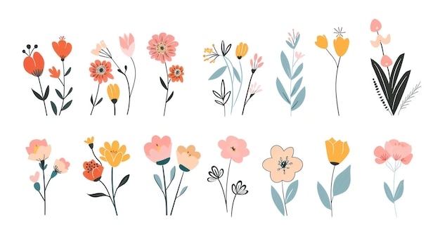 Des illustrations florales colorées dans un style moderne délicat sur un fond blanc