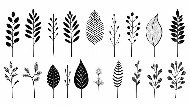 Illustrations minimales de feuilles dessinées à la main en noir et blanc