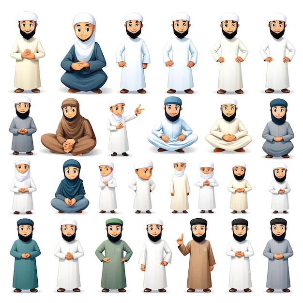 Illustrations de personnages de dessins animés musulmans sur fond blanc