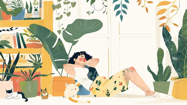 Photo illustrations d'une personne relaxante allongée sur le sol avec des plantes d'intérieur bibliothèque et livre à la maison confortables