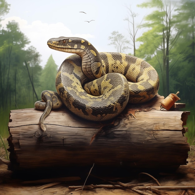 Photo illustrations réalistes serpent glissant autour d'un tronc