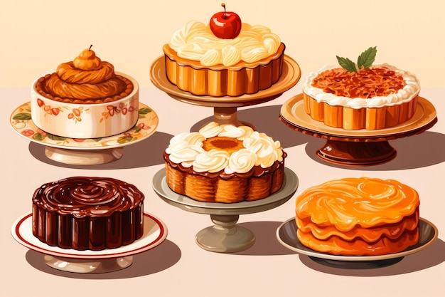 Des illustrations rétro des desserts de Thanksgiving dans des teintes caramel, pomme, vanille rouge et noix de pécan