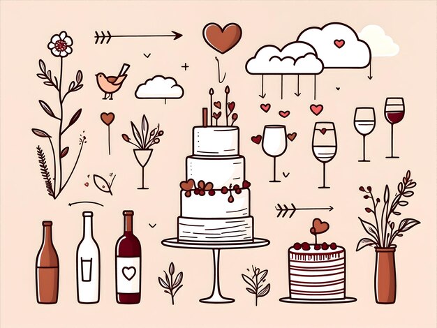 illustrations vectorielles de style doodle de mariage avec des fleurs et des plantes, des bouteilles de vin et des verres