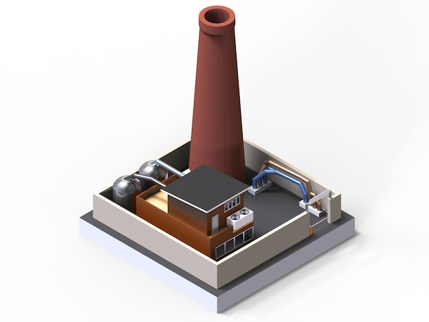 Illustrations en vue isométrique. Icône isométrique représentant un bâtiment d'usine avec un tuyau, des citernes, une clôture avec une barrière. rendu 3D.